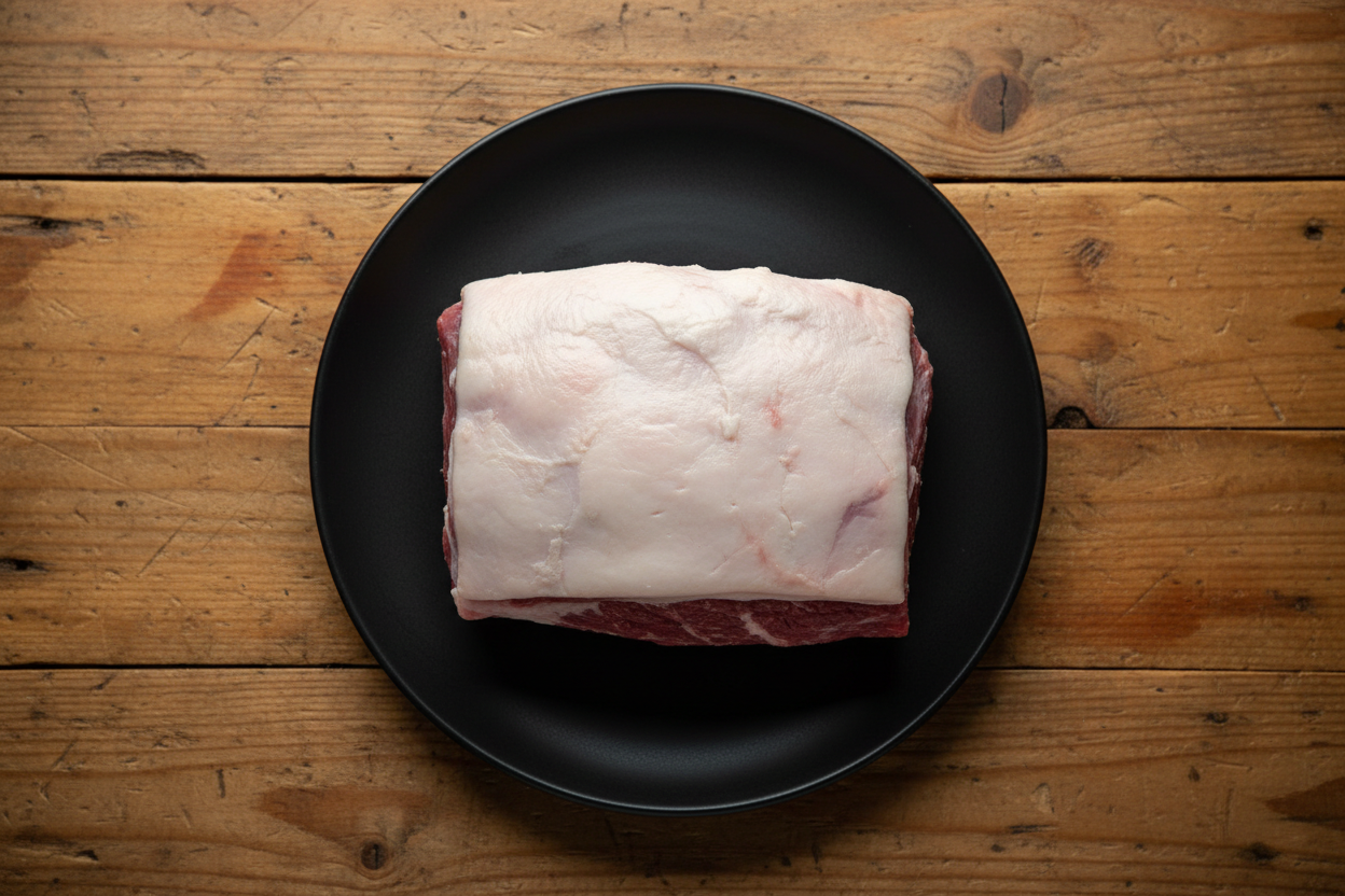 Lamb rump roast with fat cap still on it. sitting on a black plate on a timber table looking over top of the rump